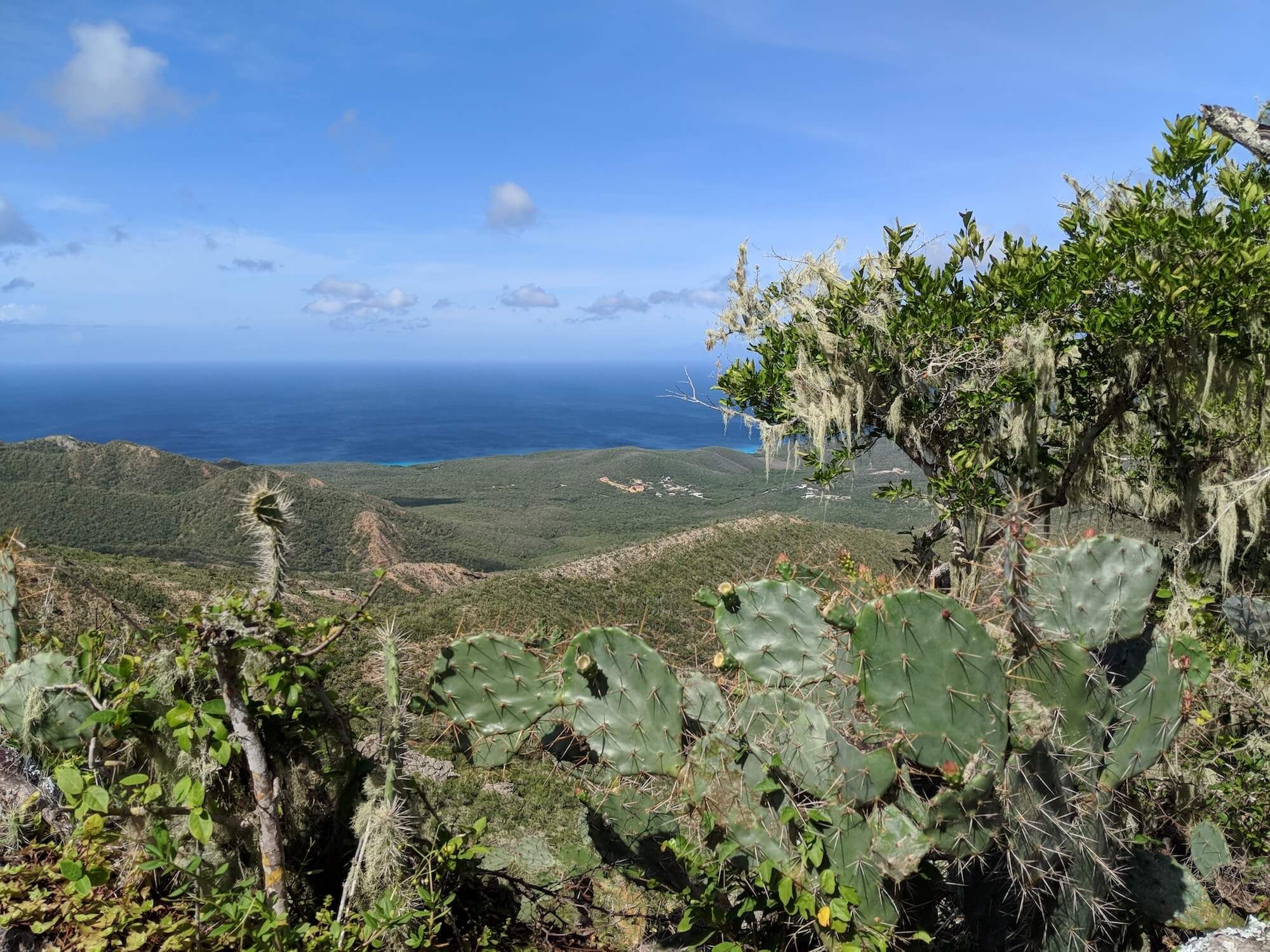 Blick vom Christoffelberg über die Hügel auf die Karibische See