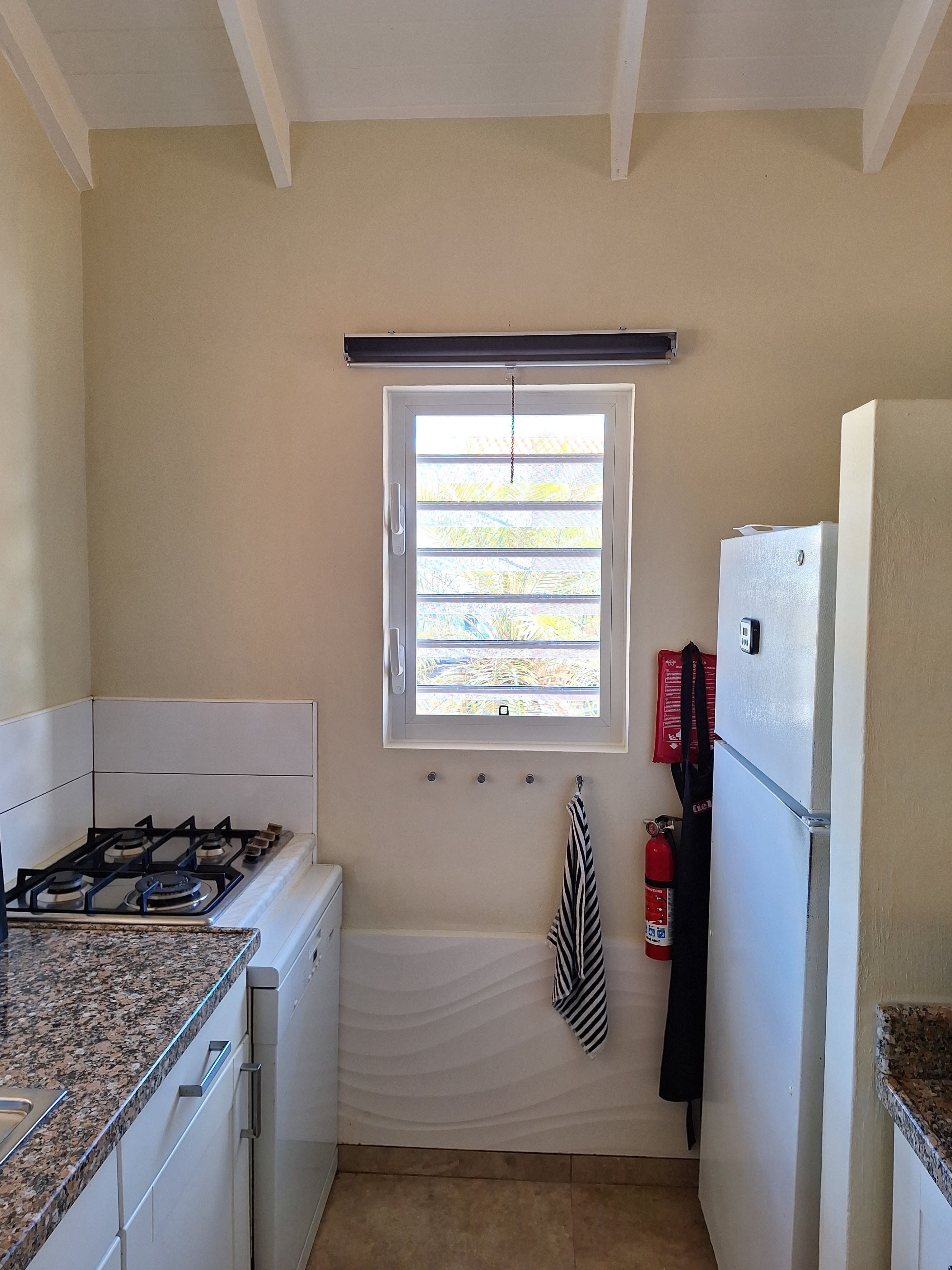 The kitchen with the large American-style fridge and the high white ceiling