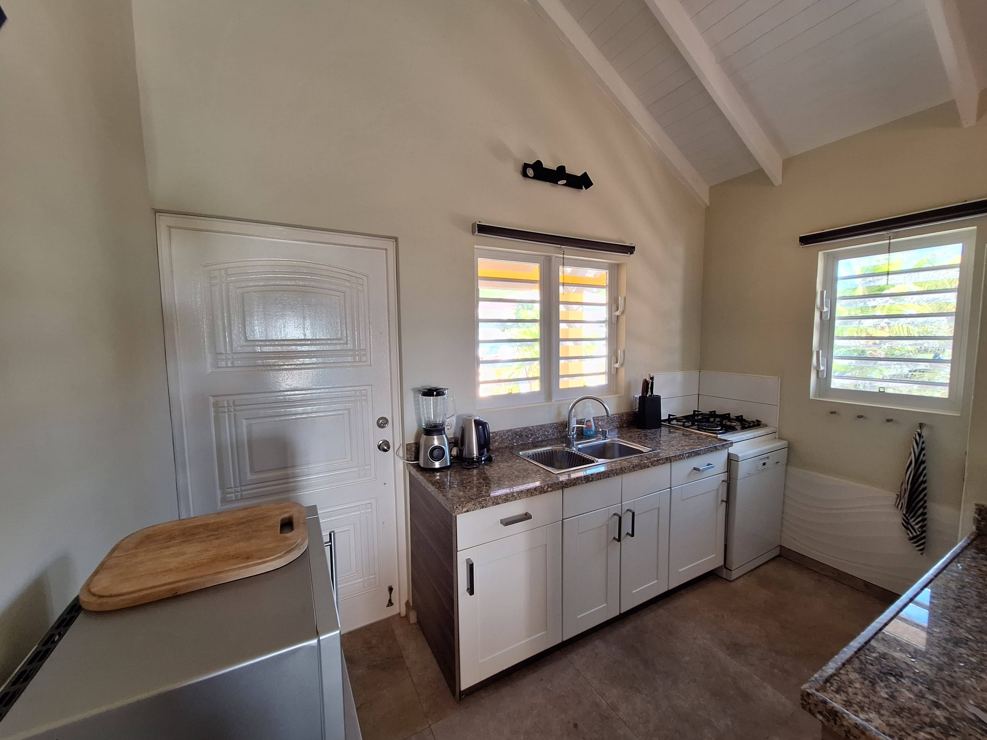The kitchen with granite worktop, gas hob, blender and kettle